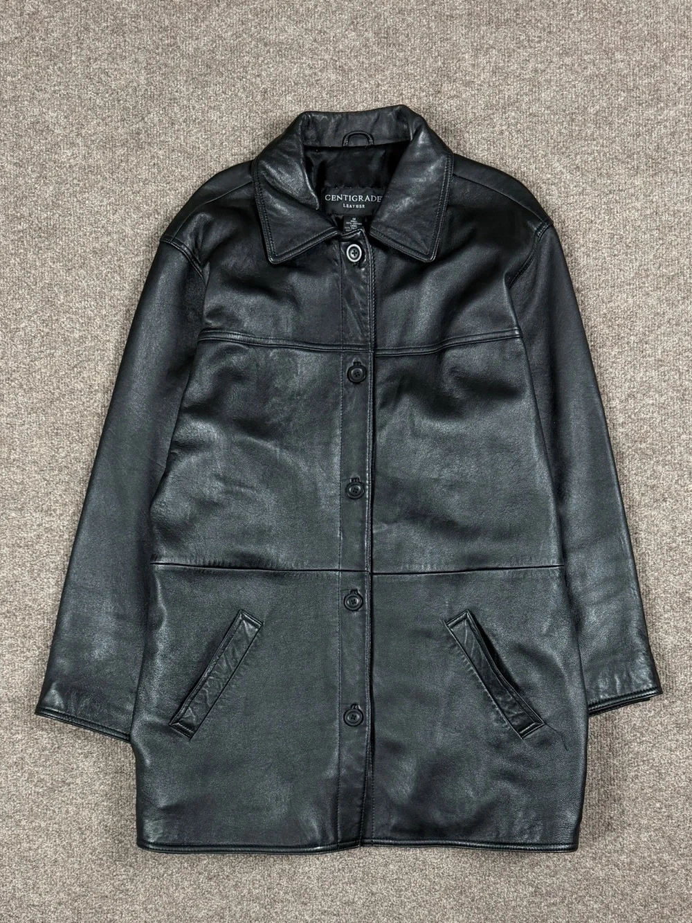 Centigrade Black Leather Mid Length Button Up Collared Jacket Women’s 1X Y2K 90s